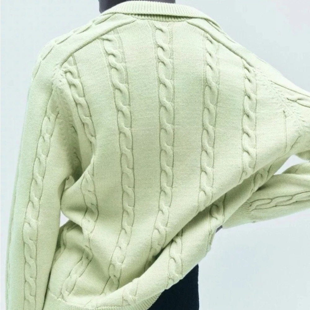 NWT Zara light lime green classic Cable knit collared sweater small pullover - Picture 4 of 9
